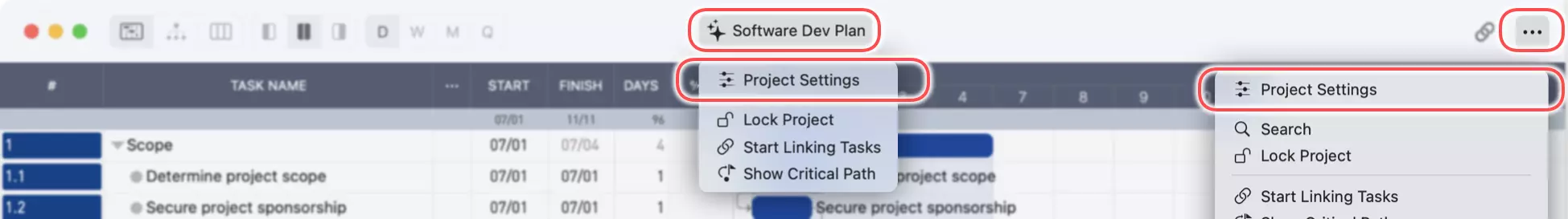 Access Project Settings