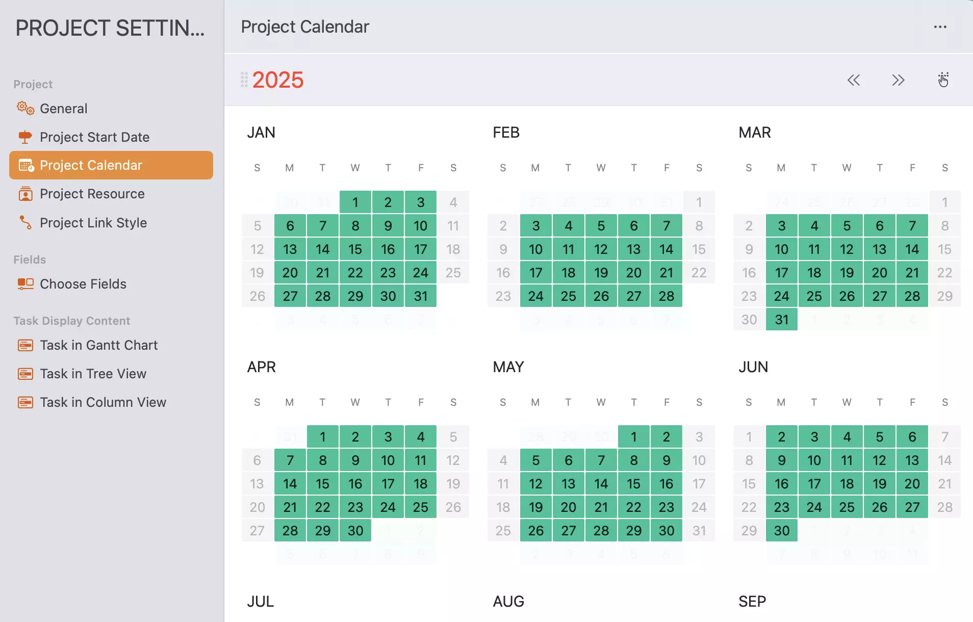 Project Settings - Calendar