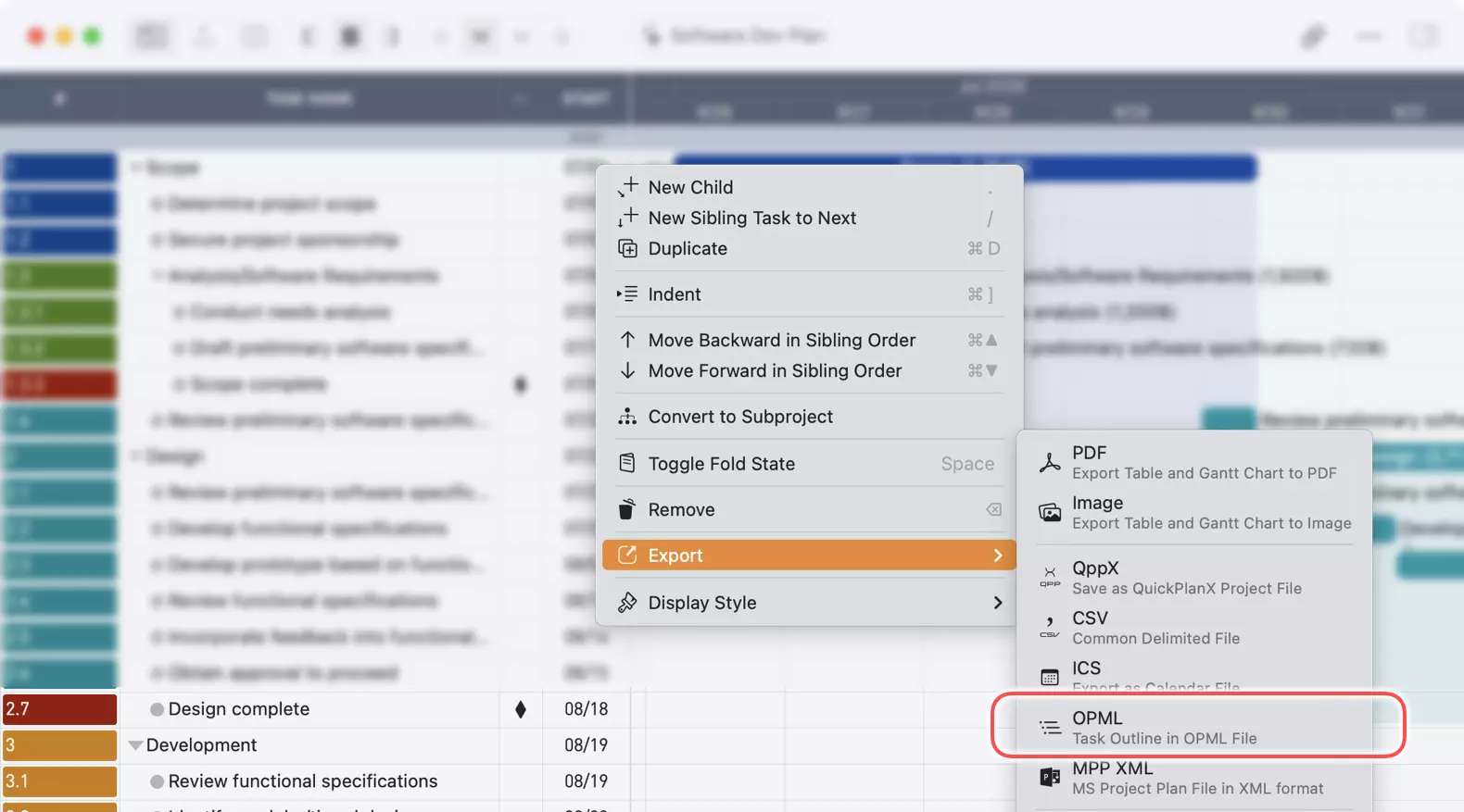 Eine Aufgabengruppe in eine OPML-Datei auf dem Mac exportieren
