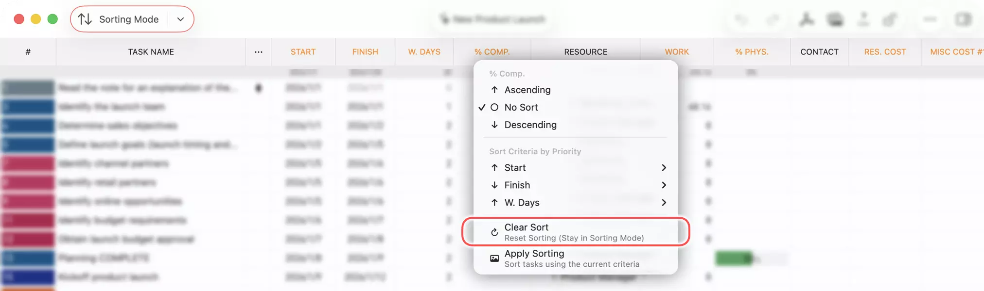 Sortierkriterien zurücksetzen