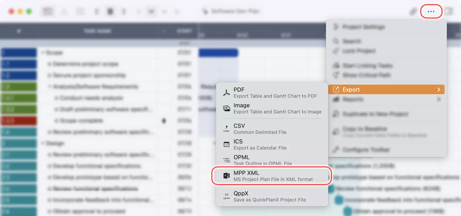 Export entire project to MPP XML file on Mac
