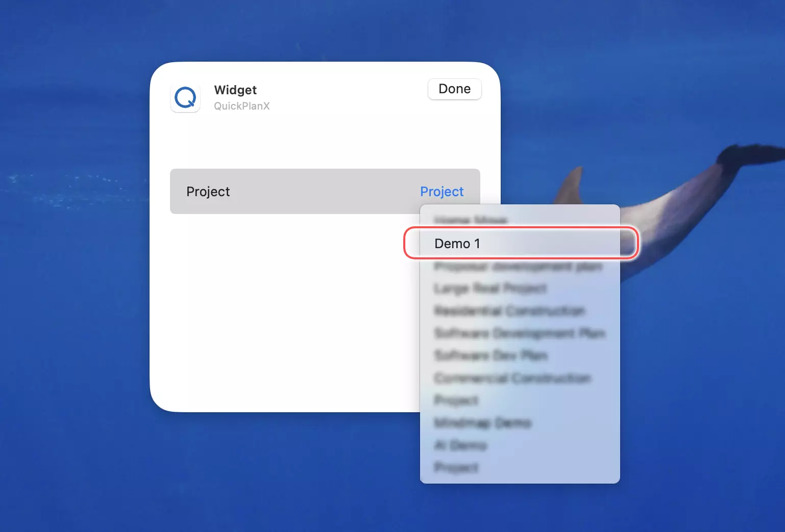Sélectionner le projet pour le widget