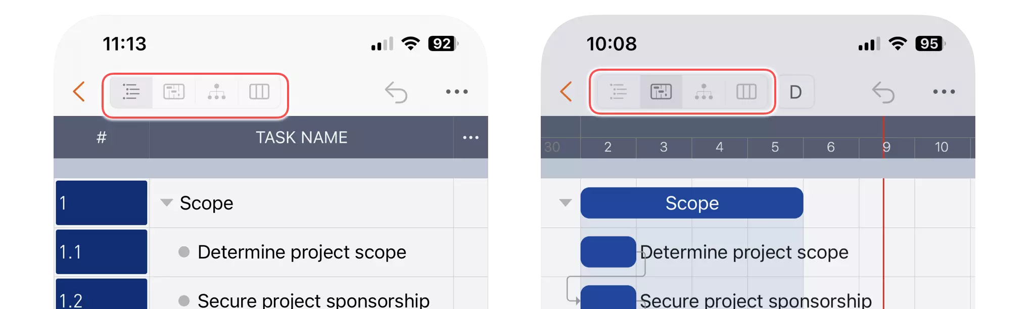 iPhoneのプロジェクトウィンドウ テーブルビュー
