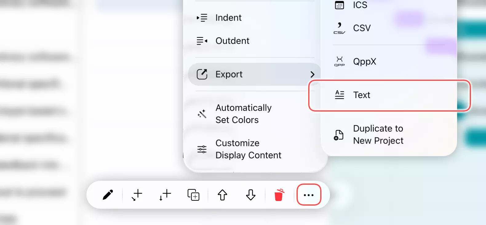 Exportmenu op mobiel
